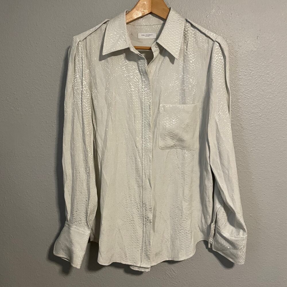 Equipment Femme Womens Top Medium Silver Snakeskin Print Button Up Long Sleeve